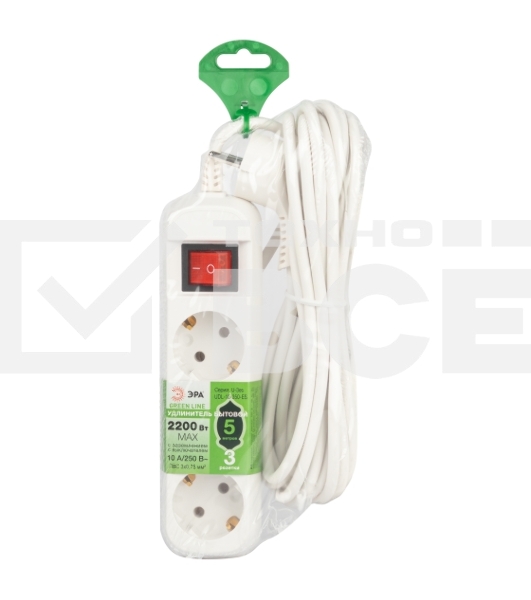Удлинитель электрический ЭРА UDL-10-350-ES Greenline 3 розетки с заземлением с выключателем 5м ПВС 3x0.75мм2