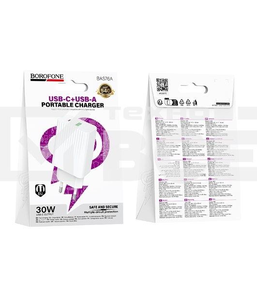 Сетевое зарядное устройство BOROFONE (6941991122880) BAS76A 1USB+1Type-C 3.0A QC3.0 PD 30W White