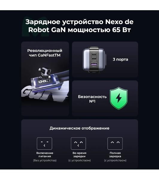 Сетевое зарядное устройство Nexode Robot 65Вт 2xUSB-C, 1xUSB-A, GaN Gray (25685B)
