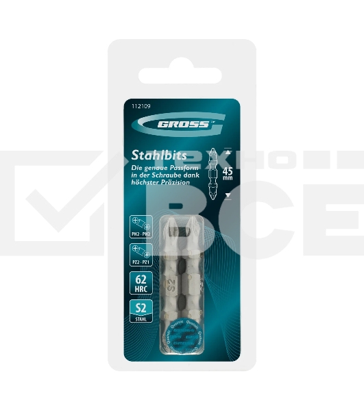 Набор бит двухстор. Gross PH2-PH2х45мм, PZ2-PZ1х45мм, сталь S2, 2 шт.