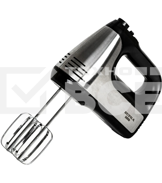 Миксер SUPRA MXS-591 500 Вт, 6 скоростей, режим Турбо, насадки для взбивания яиц и крема, насадки для замеса тяжелого теста, корпус металл/пластик, цвет:черный)