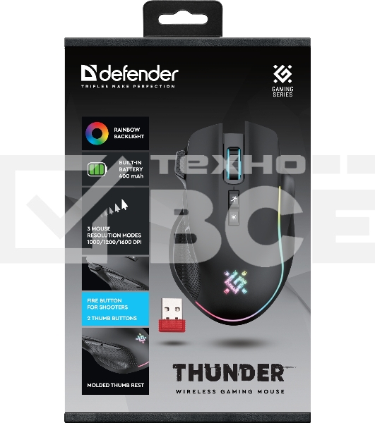 Мышь беспроводная Defender Thunder GM-213 черный, 1600 dpi, радиоканал, USB, кнопки - 8