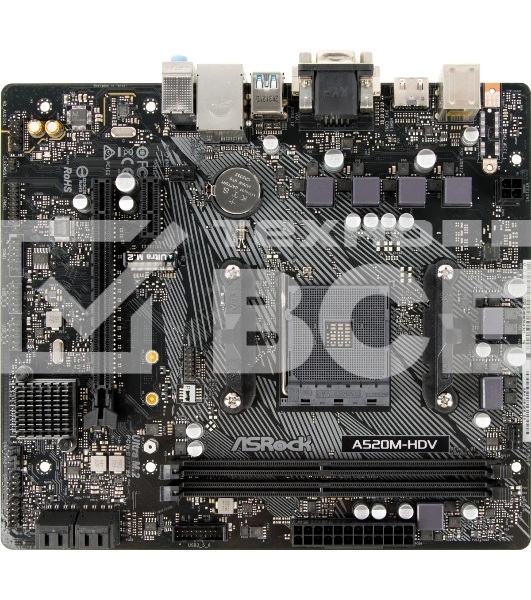 Материнская плата ASRock A520M-HDV, AM4, AMD A520, 2xDDR4, 4xSATA, 1xM.2, 1xPCIe 3.0 x16, 1xPCIe 3.0 x1, 1xDVI-D, 1xHDMI, 1xVGA, 1x 1Gb LAN, 3x3.5 мм, 7.1, mATX