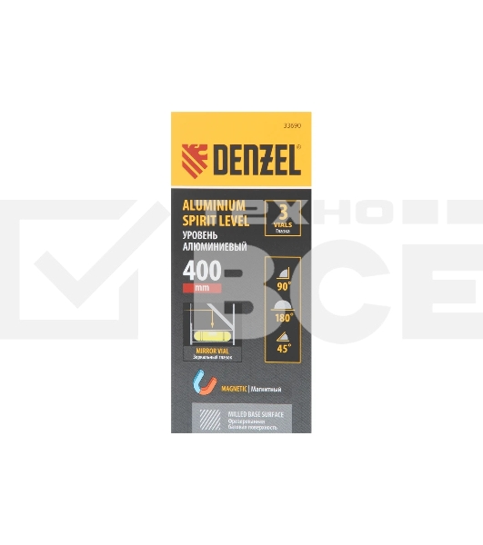 Уровень алюминиевый Denzel магнит., фрезерованный, 3 глазка (1 зеркал.), 0,5 мм/м, 400 мм