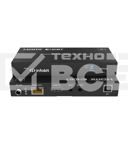 Удлинитель сигнала Infobit E150SK HDBaseT (Tx и Rx), HDMI 18,0 Гбит/с, 150 м для 1080p, 120 м для 4K/60 Гц., KVM, Двунаправленный ИК и RS232, POC, HDCP 2.2, Комплект.