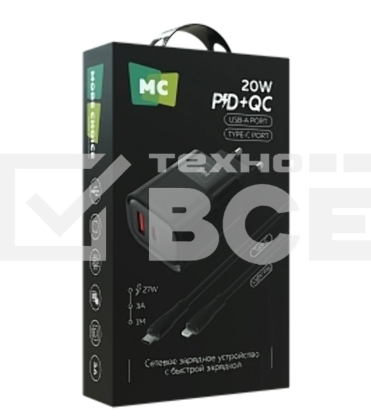 Сетевое зарядное устройство MORE CHOICE (4620202555557) NC81i СЗУ 1USB+1Type-C 3.0A PD 20W+ QC3.0, черный