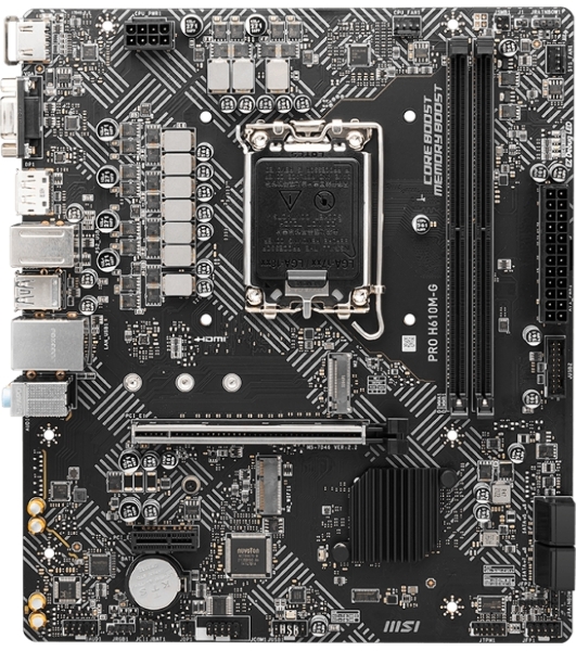 Материнская плата MSI PRO H610M-G OEM LGA 1700, Intel H610, 2xDDR5, 4xSATA, 1xM.2 (PCIe 3.0 x4), 1xPCIe 4.0 x16, 2xPCIe x1, 1xVGA, 1xHDMI, 1xDP, 1x1Gb LAN, 4xUSB-A 5Gbps, 2xUSB-A 2.0, 1xPS/2, 3x3.5 мм, 7.1, чёрный, mATX