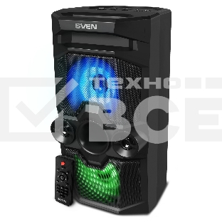 Мобильные колонки SVEN PS-655 2.0 черные (2x25W, mini Jack, USB Type-C, USB flash, Bluetooth, FM, micro SD, ПДУ, LED экран, 4400 мA, RGB подсветка)