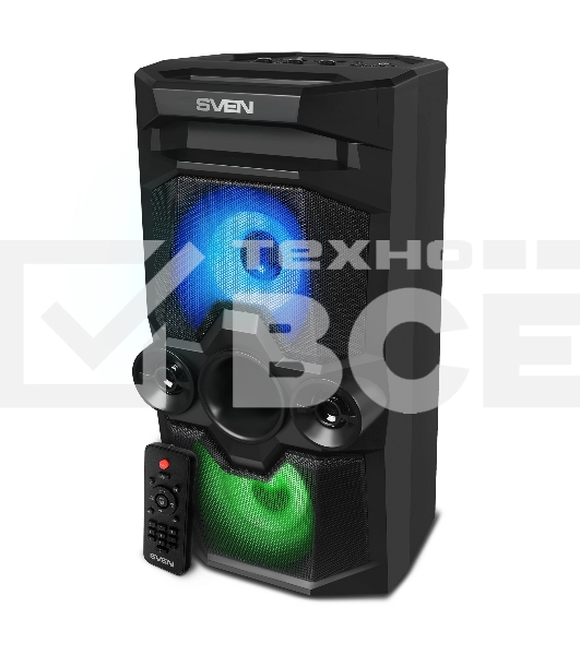 Мобильные колонки SVEN PS-655 2.0 черные (2x25W, mini Jack, USB Type-C, USB flash, Bluetooth, FM, micro SD, ПДУ, LED экран, 4400 мA, RGB подсветка)