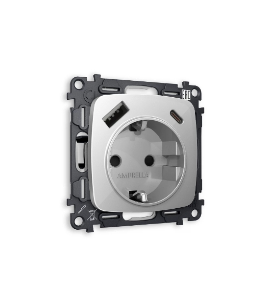 Комплект механизма электрической розетки OMEGA Серебро глянец 2USB A+C 20W (быстрая зарядка) с/з QUANT (OP4100, VM160) MO410010