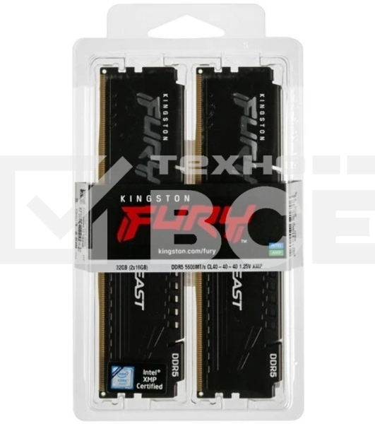 Оперативная память Kingston Fury Beast, DDR5, 32GB (2x16GB), 5600MHz, CL40, DIMM, с радиаторами, черный