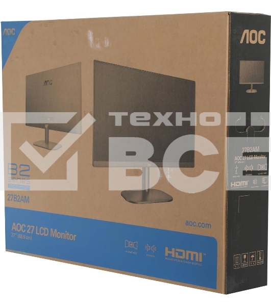 Монитор 27' AOC 27B2AM, VA 1920x1080, 75 Гц, 4 мс, 16:9, 250 кд/м², 1xHDMI, 1xVGA, 1x3.5 мм, черный