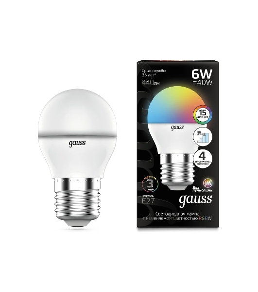 Лампа светодиодная Gauss G45 6W E27 шар RGbW димирование LED 1/100