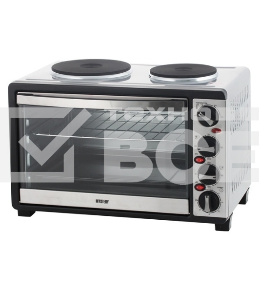 Мини-печь Mystery MOT-3330 (нержавеющая сталь, 1500 Вт, 2 конфорки, гриль, съемный вертел)