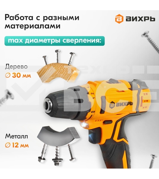 Дрель-шуруповерт аккумуляторная Вихрь ДА-К20/2Н с набором оснастки 65 предм.
