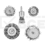 Набор щеток для дрели Denzel 2 Плоские 50-75 мм, 3 Чашки 25-50-75 мм, шпилька, нерж.вит. проволока, фото 1