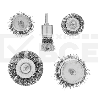 Набор щеток для дрели Denzel 2 Плоские 50-75 мм, 3 Чашки 25-50-75 мм, шпилька, нерж.вит. проволока