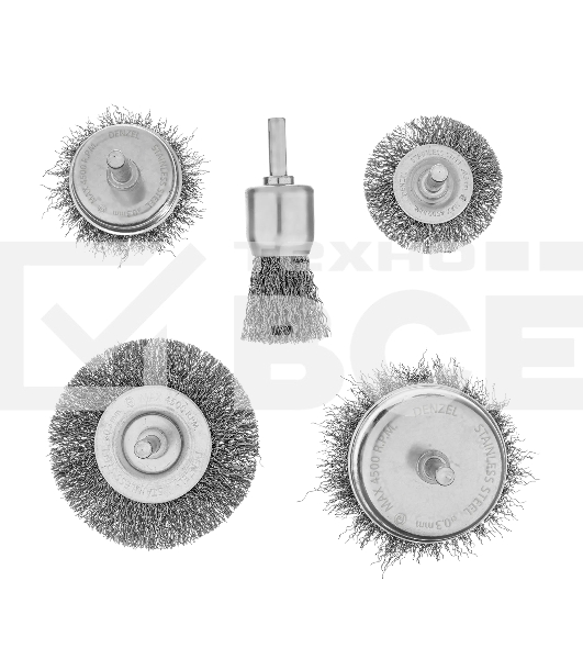 Набор щеток для дрели Denzel 2 Плоские 50-75 мм, 3 Чашки 25-50-75 мм, шпилька, нерж.вит. проволока