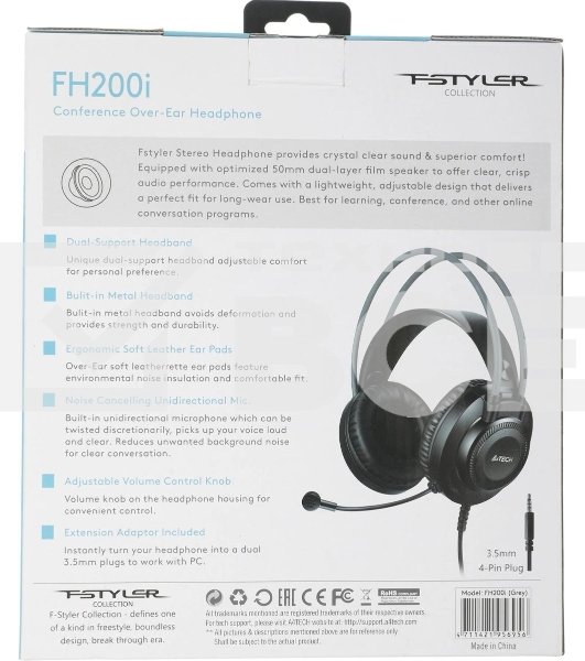 Гарнитура проводная с микрофоном A4Tech Fstyler FH200i серый 1.8м накладные оголовье (FH200I GREY)