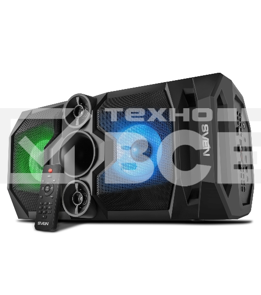 Мобильные колонки SVEN PS-655 2.0 черные (2x25W, mini Jack, USB Type-C, USB flash, Bluetooth, FM, micro SD, ПДУ, LED экран, 4400 мA, RGB подсветка)