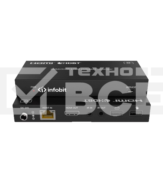 Удлинитель сигнала Infobit E150SK HDBaseT (Tx и Rx), HDMI 18,0 Гбит/с, 150 м для 1080p, 120 м для 4K/60 Гц., KVM, Двунаправленный ИК и RS232, POC, HDCP 2.2, Комплект.
