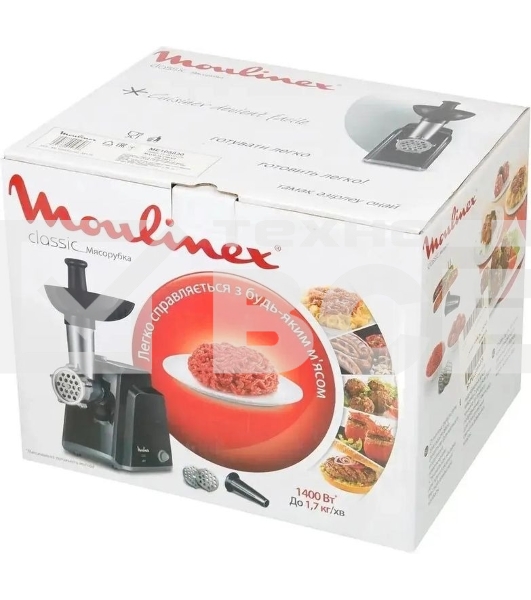 Мясорубка электрическая Moulinex ME105830 черный, 1400 Вт, 1.7 кг/мин, реверс, защита от перегрузки, насадки - 3