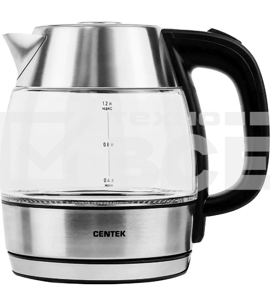 Чайник Centek CT-0018, 1.2л, 1600Вт, стекло, серебристый