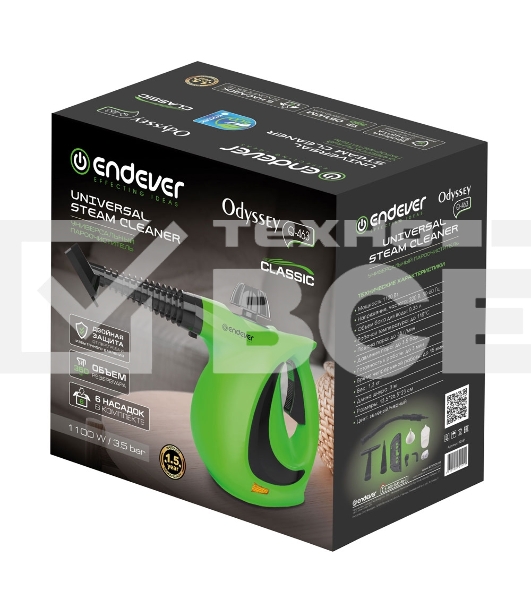 Универсальный ручной отпариватель-пароочиститель Endever Odyssey Q-463, зеленый/черный, мощность 1100 Вт, давление 3,5 бар,производ. 35 г/мин, 6 шт/уп