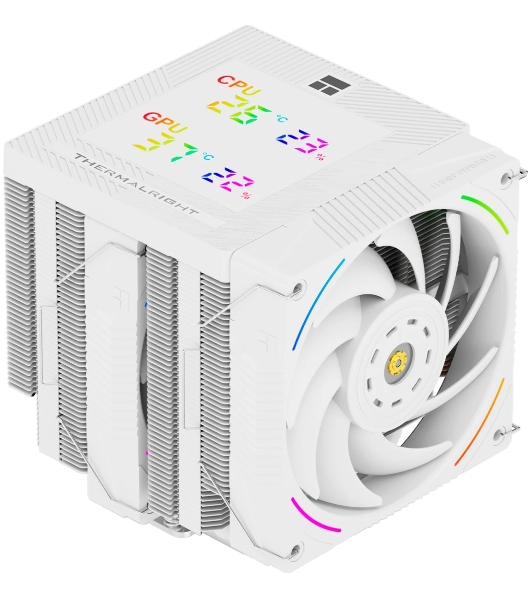 Кулер для процессора Thermalright Phantom Spirit 120 Digital SNOW (4-pin PWM, LED temp., 160mm, Ni/CU, 7x6mm, ARGB, 2x120mm, 69CFM, 27dBA, 2150RPM, S: 1851, 1700, 1200, 115X, AM5, AM4, white)