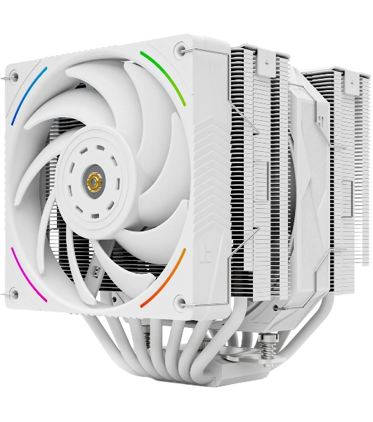 Кулер для процессора Thermalright Royal Pretor 130 Ultra White (4-pin PWM, 158mm, Ni/Cu, 7x6mm, 1x120mm ARGB +1x130mm, 69CFM/81.88CFM, 27dBA/28.3dBA, 2150RPM/1750RPM, S: 1200, 1700, 1851, 115X, 2011, 2066, AM4, AM5, white)