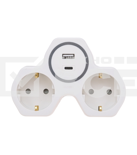Двойник Rexant электрический (разветвитель) 16А с/з + USB-A + USB-C с защитными шторками, белый