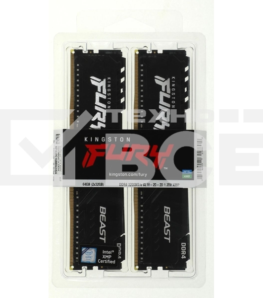 Оперативная память Kingston Fury Beast, DDR4, 64GB (2x32GB), 3200MHz, CL16, DIMM, черный
