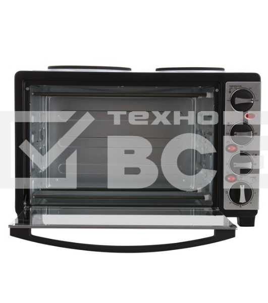 Мини-печь Mystery MOT-3330 (нержавеющая сталь, 1500 Вт, 2 конфорки, гриль, съемный вертел)