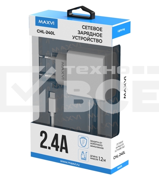 Сетевое зарядное устройство Maxvi CHL-240L Lightning 2.4A, литой кабель 1.2м, белый