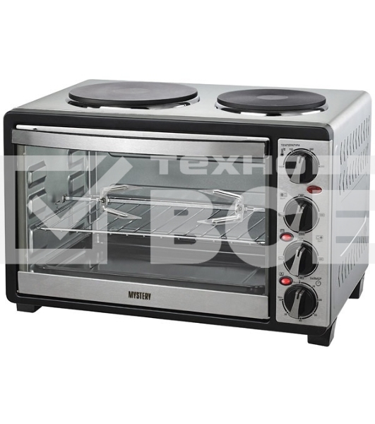 Мини-печь Mystery MOT-3330 (нержавеющая сталь, 1500 Вт, 2 конфорки, гриль, съемный вертел)
