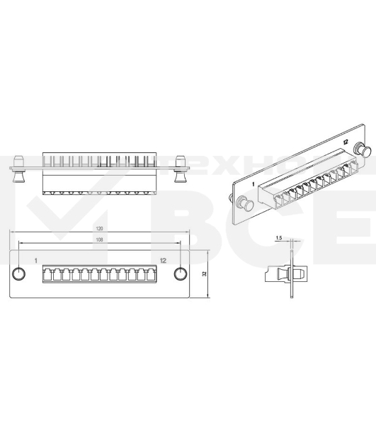 Модульная панель Hyperline, OS2 9/125, 12 х LC, Duplex 120х32, для FO-19BX, цвет: чёрный