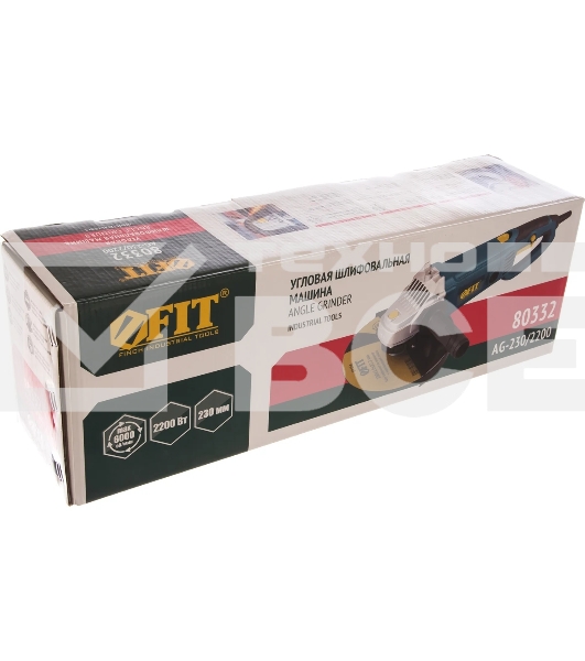 Углошлифовальная машина FIT AG-230/2200, 2200 Вт, 6000 об/мин, КлК 230 мм, 4,6 кг, б/с щеток, рез.накл., плав.пуск, повор., коробка