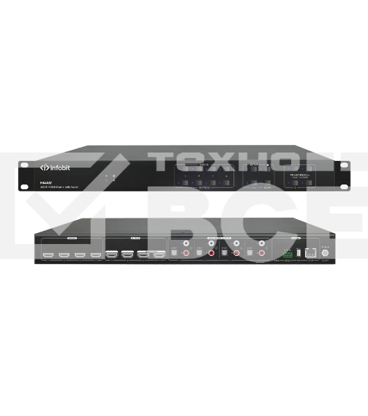 Матричный коммутатор Infobit iMatrix H44AM HDMI 4K60, 4х4, 3840x2160/60 Гц; 4 цифровых аудиовыхода SPDIF, 4 аудиовыхода Toslink с поддержкой Audio Matrix/Downscaling/AOC