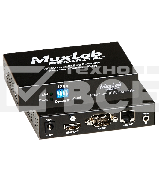 Приемник-декодер MuxLab 500754-RX HDMI / RS232 over IP с PoE, сжатие MJPEG, с функцией видеостены