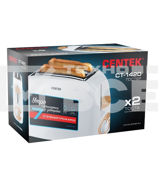 Тостер Centek CT-1420 (белый) 750 Вт, 7 уровней мощности, теплоизолированный корпус, функция отмены