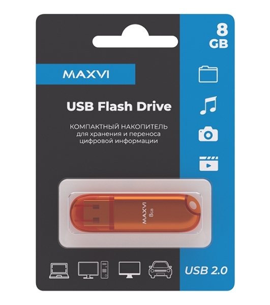 Флешка USB Maxvi P1 orange (FD8GBUSB20C10P1), 8GB, USB 2.0, R/W 15/5, оранжевый