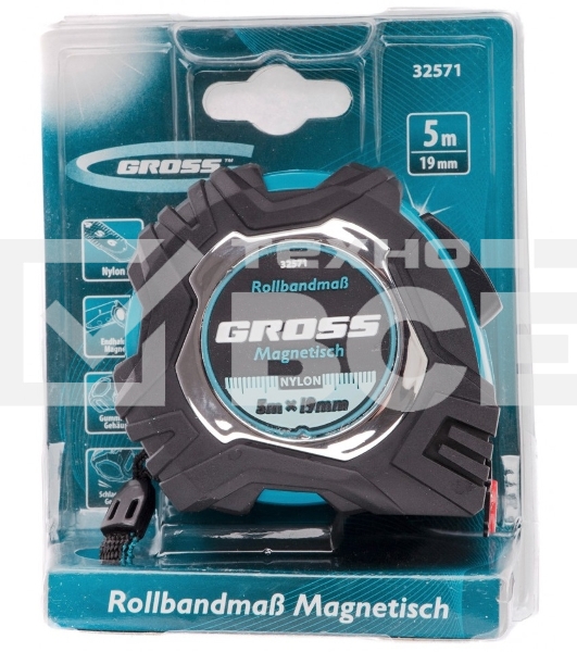 Рулетка Magnetisch, 5м х 19мм, обрезин. корпус,автоматич. фиксация, нейлон. покр.,магн.зацеп Gross