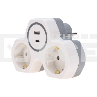 Двойник Rexant электрический (разветвитель) 16А с/з + USB-A + USB-C с защитными шторками, белый