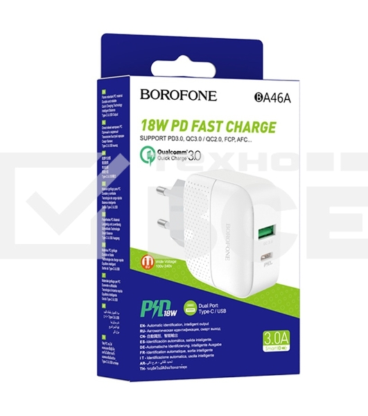 Сетевое зарядное устройство BOROFONE BA46A Premium, один порт USB, один порт Type-C, PD, 18W, 5V, 3.0A, белый
