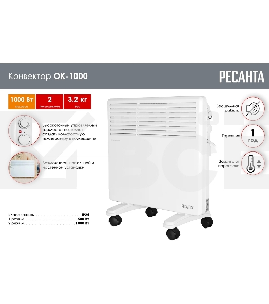 Конвектор Ресанта ОК-1000 белый, 1000 Вт, 15 м2, термостат