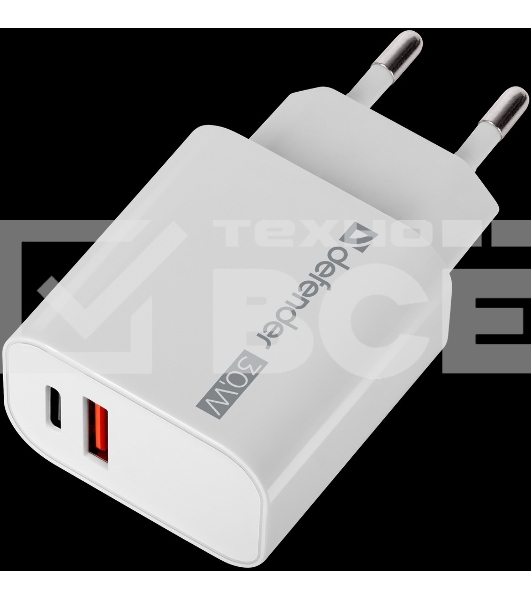 Сетевое ЗУ Defender UPA-130 USB-C/PD30W + USB-A/QC3.0, белый.
