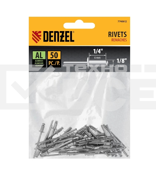 Заклепки алюминиевые Denzel, 1/8'-1/4', 3 х 6 мм, 50 шт.