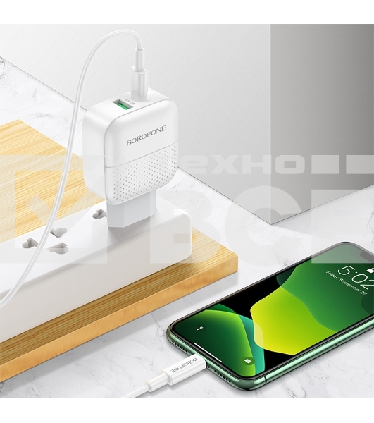 Сетевое зарядное устройство BOROFONE BA46A Premium, один порт USB, один порт Type-C, PD, 18W, 5V, 3.0A, белый
