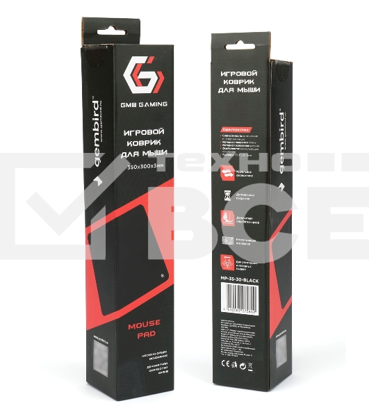 Коврик для мыши Gembird MP-35-30-BLACK, черный, 350х300х3мм, ткань+резина, оверлок, коробка