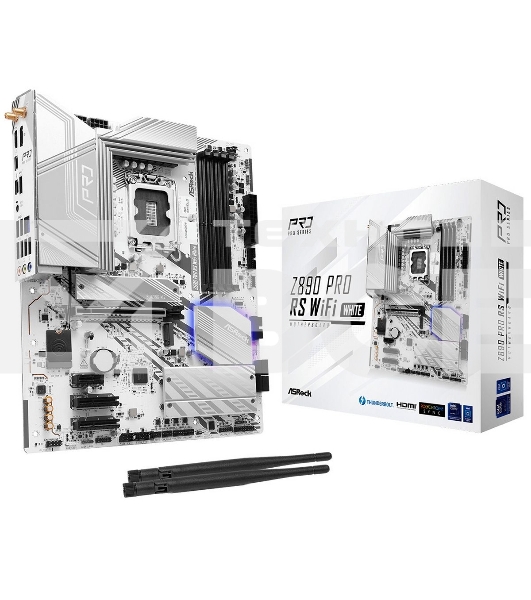 Материнская плата ASRock Z890 Pro RS WiFi White, LGA 1851, Intel Z890, 4xDDR5, 4xSATA, 4xM.2, 1xPCIe 5.0 x16, 2xPCIe 4.0 x16, 1xPCIe x1, 2xUSB-C Thunderbolt 4, 4xUSB-A 3.2 Gen 1, 1xUSB-A 3.2 Gen 2, 1xHDMI, 1xDP, 1x2.5Gb LAN, 5x3.5 мм, 7.1, ATX